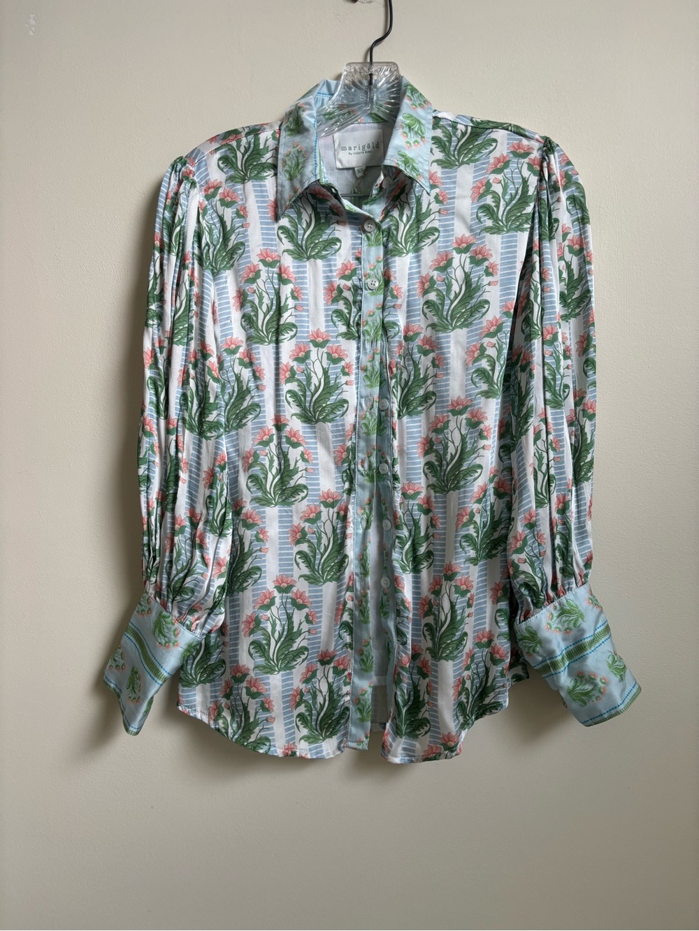 Victoria Dunn Botanical Print Button-Down Shirt in Green and Pink